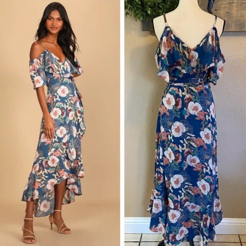 Lulus fully bloomed blue floral print off the shoulder dress